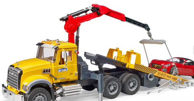 MACK Granite Tow Truck w Bruder Roadster