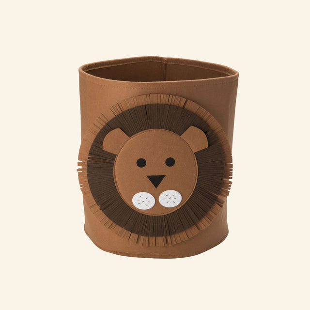 Brown felt storage bin with a friendly lion face and layered felt mane for fun children's room storage.