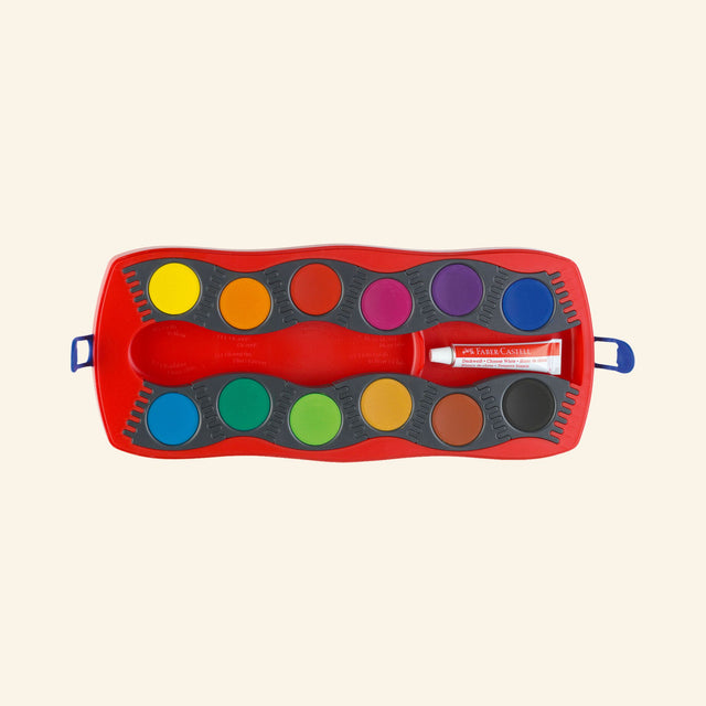 Faber-Castell watercolor set with 12 connector paint colors and tube of opaque white paint.