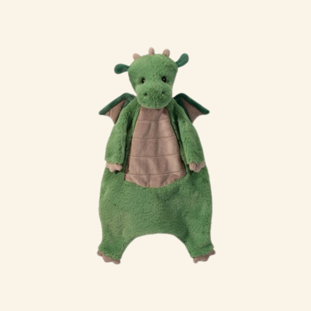 Douglas Toys Asher Dragon Sshlumpie shown from the front with soft green plush fabric, tiny horns, small wings, embroidered face, beige belly panel, and floppy blanket-like body.