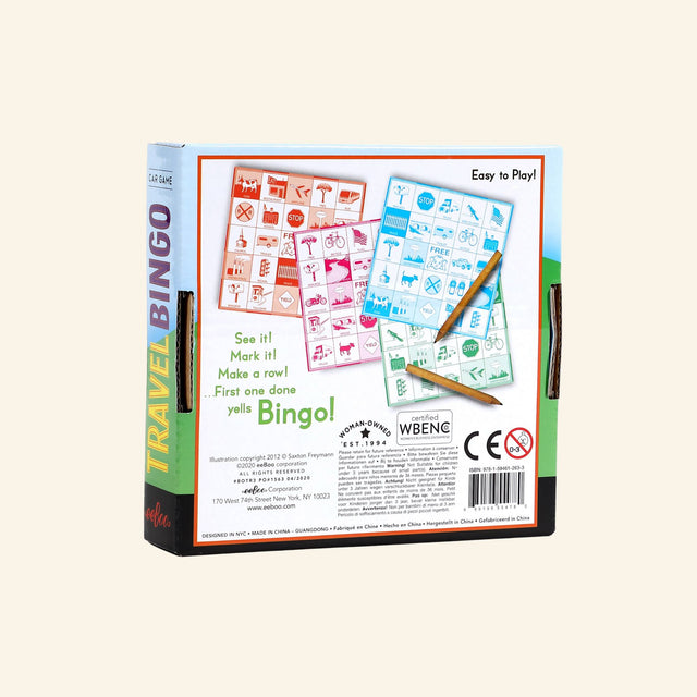 Back of the eeBoo Travel Bingo Game Set box showing four colorful bingo cards, pencils, game instructions, award seal, illustrator information, and UPC label.