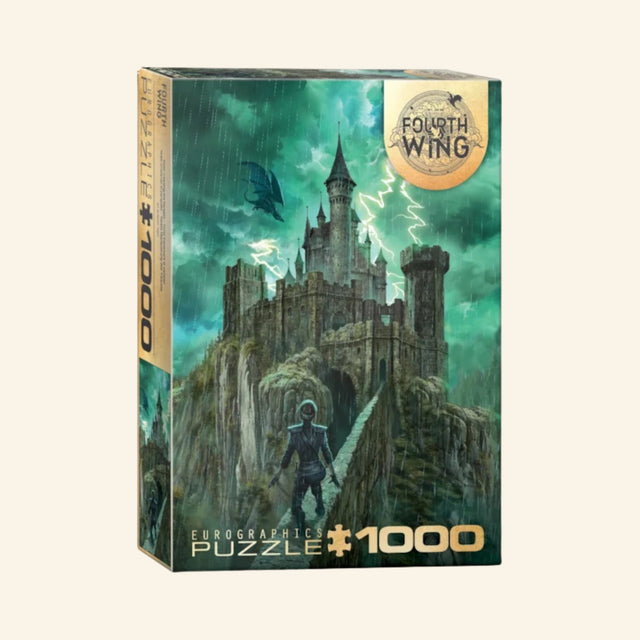 Eurographics Fourth Wing Violet Crossing 1000 piece puzzle box showing Violet crossing a narrow stone bridge toward a towering fortress during a storm, with lightning, rain, and a dragon silhouetted in the sky.