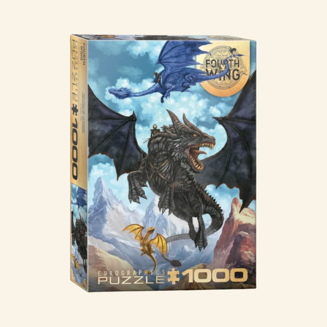 Eurographics Fourth Wing Violet DragonRider 1000 piece puzzle box showing Violet flying on a blue dragon above mountains while a large black dragon soars in the foreground.