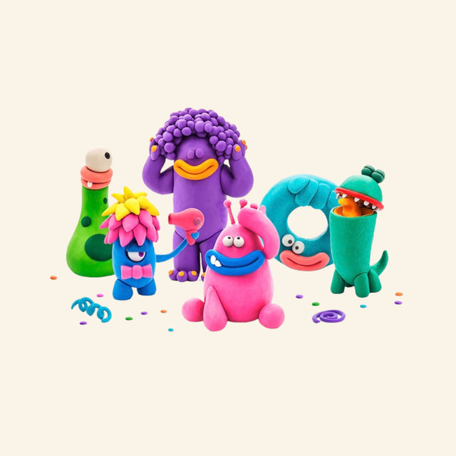 Fat Brain Toys Hey Clay – Monsters finished character assortment showing colorful clay monsters in different shapes, sizes, and expressions.