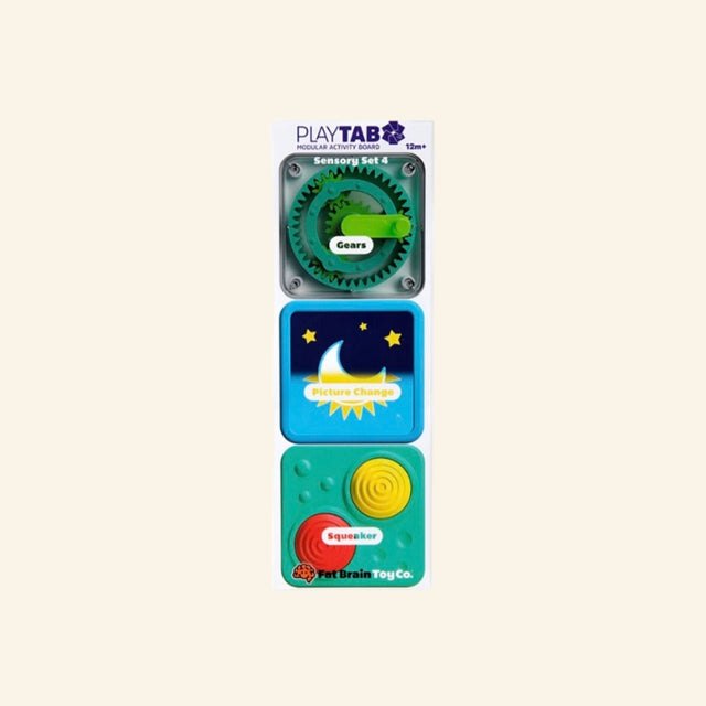Fat Brain Toys PlayTab Activity Set of 3 Tiles – Set #4 shown as a vertical set of three magnetic sensory tiles, including a green gear tile, a blue tile with a yellow slider, and a teal tile with a spiral button.