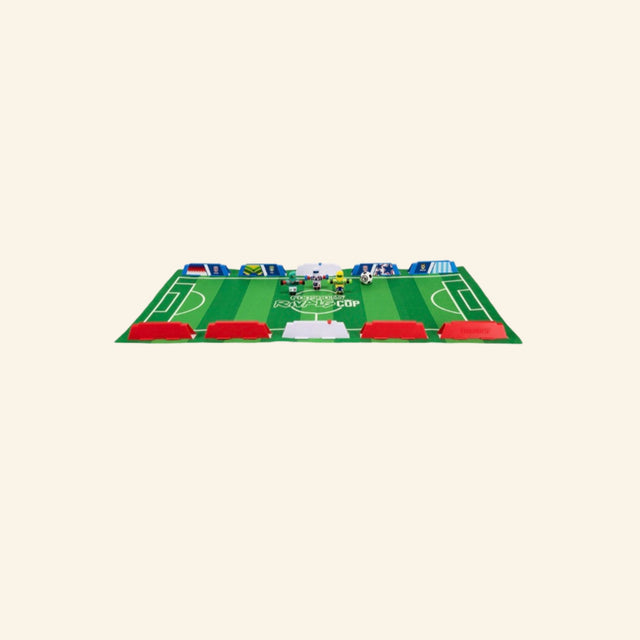 Assembled Foosbots Rivals Cup felt soccer field with barriers and built-in score sliders ready for tabletop play.