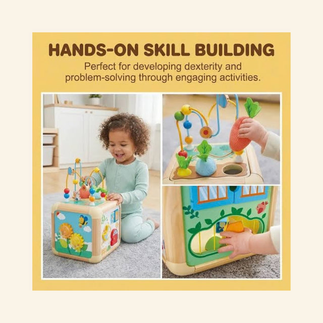 Hape Green Thumbs Activity Cube skill-building graphic showing toddlers playing with the wooden activity cube, bead maze, sensory carrots, side doors, and garden-themed activity panels.
