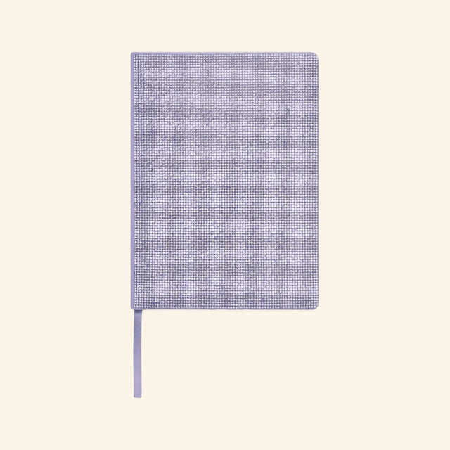 iScream Lavender Rhinestone Journal shown closed with a sparkly lavender rhinestone-covered front, bookbound edge, and lavender ribbon bookmark.