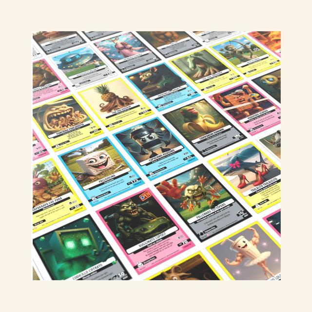 Assorted Italian Brainrot trading cards from Wave 1 featuring colorful AI-generated characters with unique artwork, rarity levels, and gameplay stats.