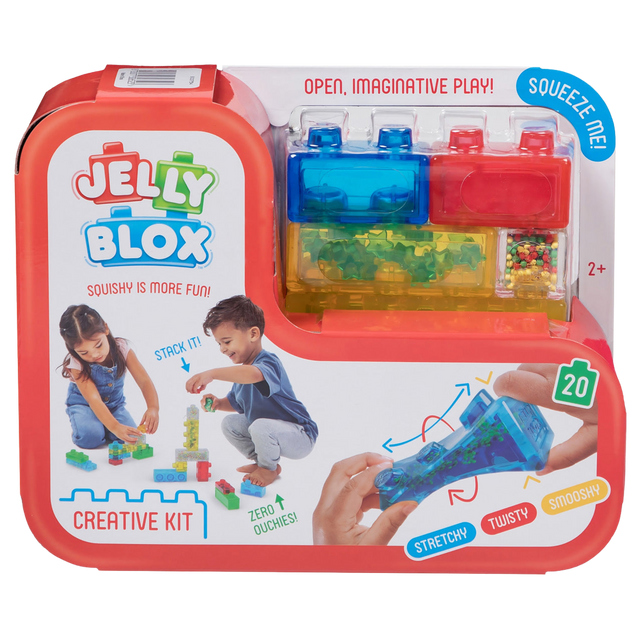 Jelly Blox toy packaging with colorful blocks and children playing