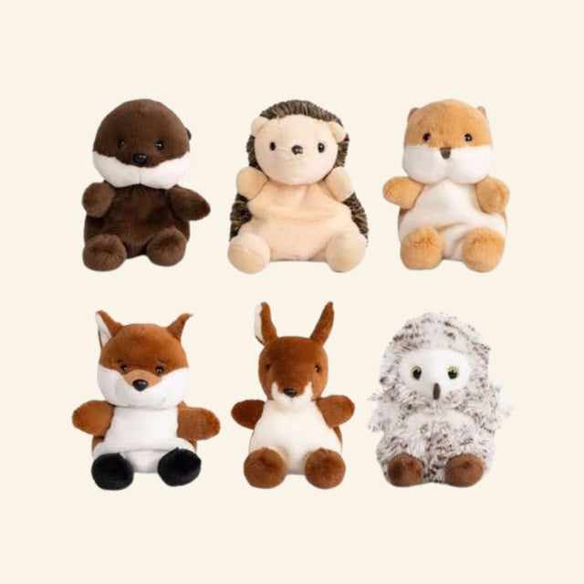 Keycraft Living Nature Little Snugglies Woodland plush assortment showing six mini woodland animals, including fox, owl, hedgehog, beaver, squirrel, and deer.