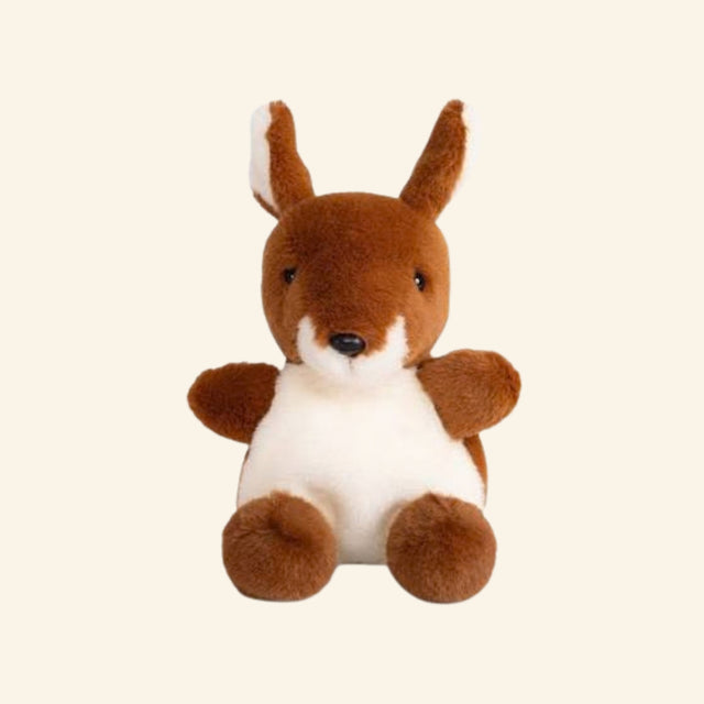 Keycraft Living Nature Little Snugglies Woodland deer plush shown seated with reddish-brown fur, tall ears, white belly, black nose, and soft brown paws.