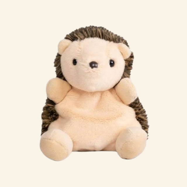 Keycraft Living Nature Little Snugglies Woodland hedgehog plush shown seated with a cream face and belly, small black eyes, rounded ears, and textured brown spines along the back.