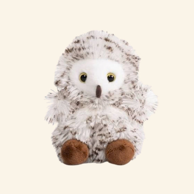 Keycraft Living Nature Little Snugglies Woodland owl plush shown seated with fluffy white and gray speckled feathers, round yellow eyes, small beak, and brown feet.