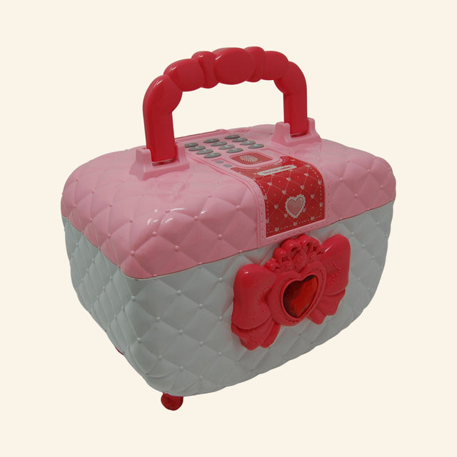 Pink electronic Jewelry Box Safe with keypad, fingerprint-style unlock feature, and carrying handle for storing jewelry, money, and treasures.