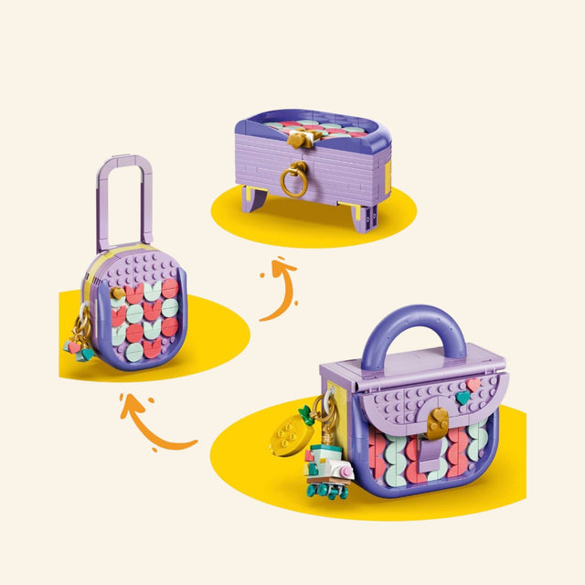 LEGO® Creator Create Art Fashion Bag shown in three different build and display positions, including upright bag, open storage box, and decorated mini handbag with colorful tile front.
