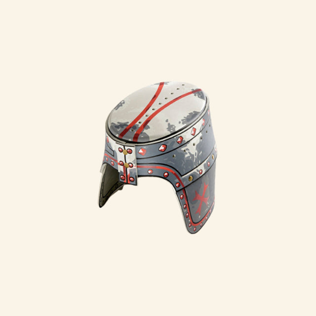 Liontouch Maltese Knight Helmet shown in silver-gray EVA foam with red accent stripes, rivet details, side flap styling, and a Maltese cross-inspired design.