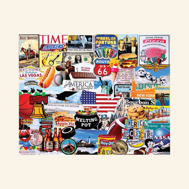 MasterPieces I Love America 1000-piece jigsaw puzzle featuring a colorful collage of iconic American landmarks, historical figures, patriotic symbols, food, sports, and pop culture illustrated by Charlie Girard.