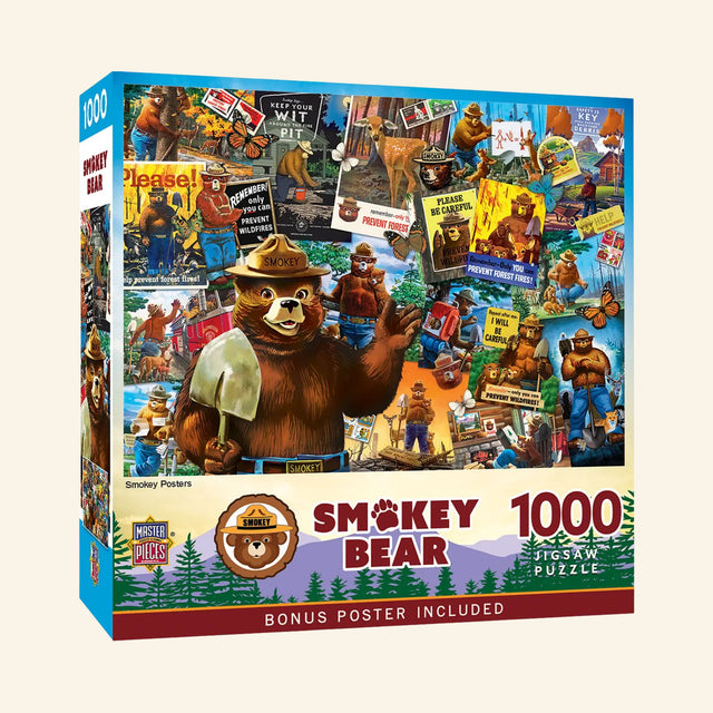 Front of MasterPieces Smokey Bear Poster 1000-piece jigsaw puzzle box featuring a collage of Smokey Bear posters and artwork, Smokey Bear logo, 1000 pieces, and bonus poster included.