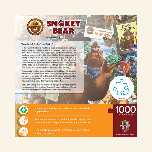 Back of MasterPieces Smokey Bear Poster 1000-piece jigsaw puzzle box showing Smokey Bear artwork, wildfire prevention story, product features, eco-friendly materials, and actual puzzle piece size.
