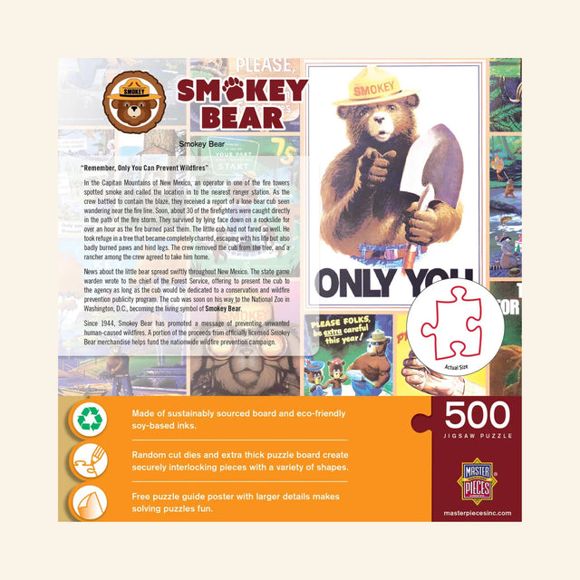 Back of MasterPieces Smokey Bear 500-piece jigsaw puzzle box showing Smokey Bear artwork, wildfrie prevention story, product features, eco-friendly materials, and actual puzzle piece size.