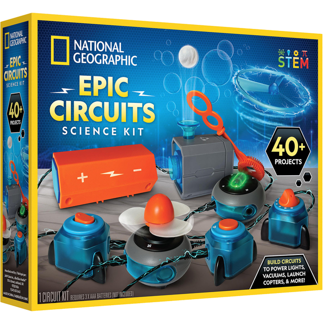 National Geographic Epic Circuits Science Kit packaging with colorful components and text.