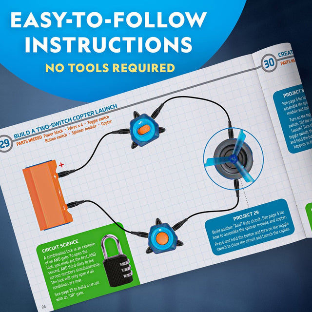 Science experiment kit with instructions and components on a blue grid background.