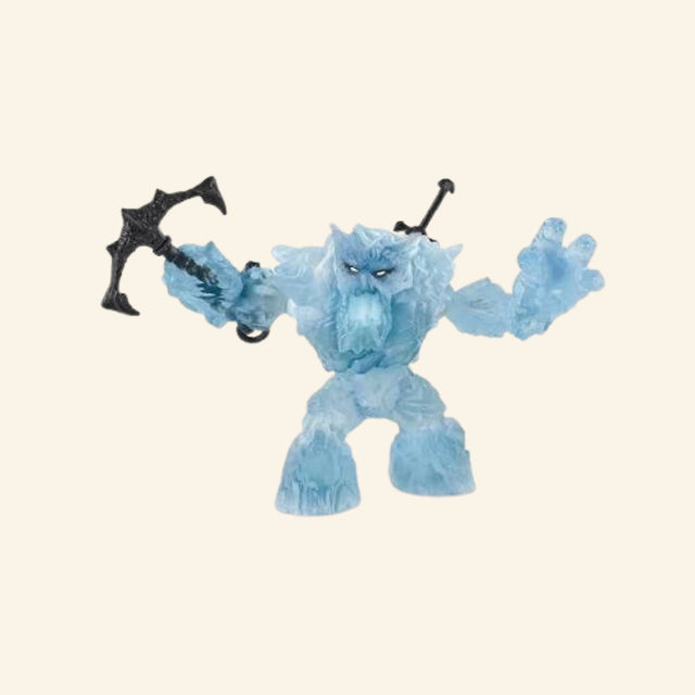 Schleich® ELDRADOR® Creatures Ice Giant figure shown with translucent blue icy body, movable arms, fierce face, rusty anchor weapon, and ancient sword detail on its back.