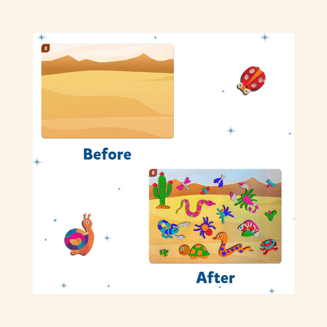 Before-and-after Skillmatics Foil Fun canvas showing a plain desert-style background transformed into a colorful bug and butterfly scene with foil stickers.