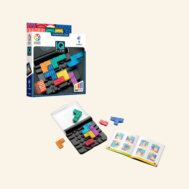 SmartGames IQ Flow shown with retail box, open travel game case, colorful flow puzzle pieces, and challenge booklet for single-player logic play.
