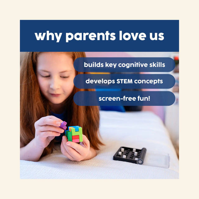 Child holding a colorful IQ Quub puzzle piece while playing on a bed, with the compact game case beside her and text describing cognitive skills, STEM concepts, and screen-free play.