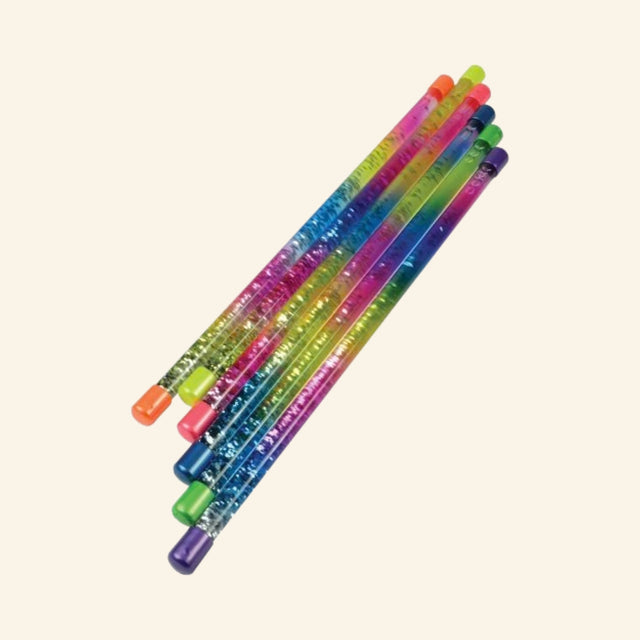 Sparkling Rainbow Batons shown in assorted bright colors with glittery rainbow-filled tubes and colorful end caps.