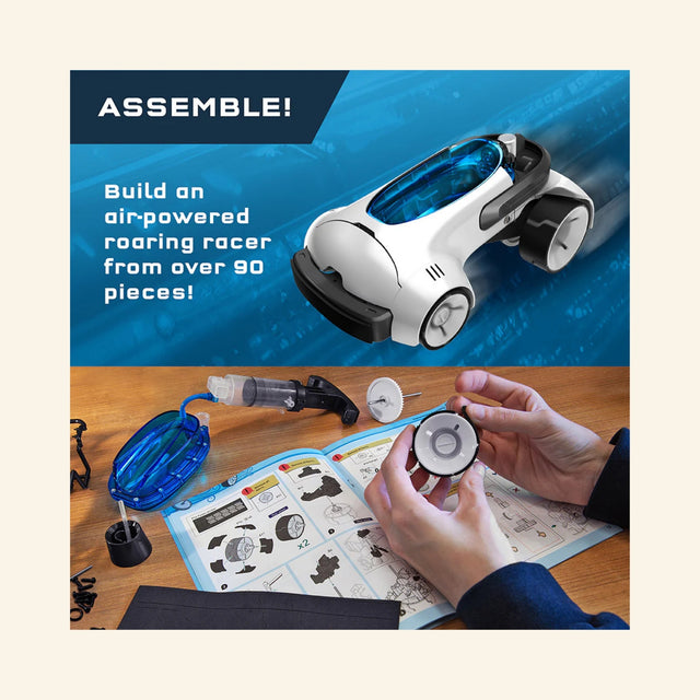 Thames & Kosmos Air-Power Turbo Racer assembly graphic showing the white air-powered race car, hands building wheel parts, instruction booklet, tools, tubing, and text that says to build an air-powered roaring racer from over 90 pieces.