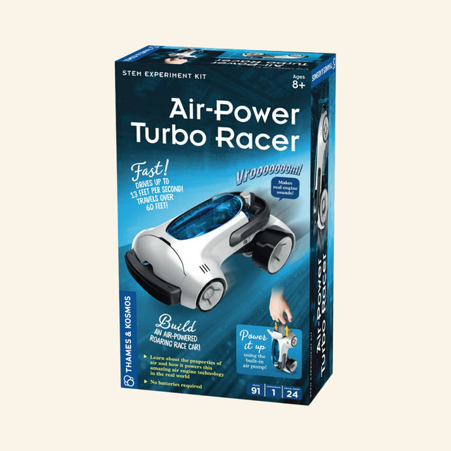 Thames & Kosmos Air-Power Turbo Racer retail box showing a white futuristic race car with blue windshield, air-powered engine graphics, “Fast!” and “Vrooom!” callouts, and age 8+ guidance.