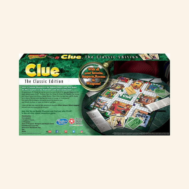 Back of the Winning Moves Clue Classic Edition retail box showing the game board, cards, classic suspects, weapons, contents list, and gameplay overview.