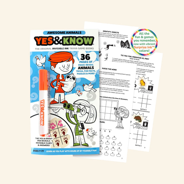 Yes & Know Activity Book with blue cover, orange magic marker, and sample pages showing picture puzzles, mazes, word games, and hidden answers revealed with invisible ink.