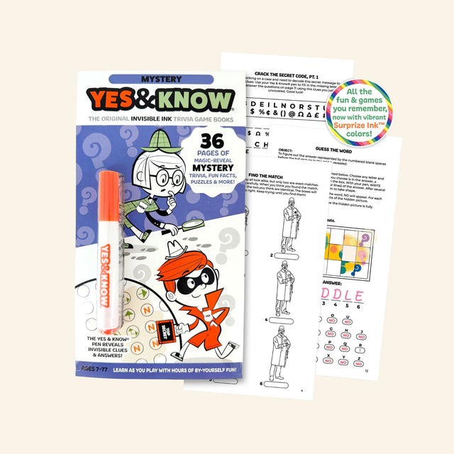 Yes & Know Mystery invisible ink activity book with purple-and-orange cover, orange magic marker, and sample pages featuring detective-style puzzles and hidden clues.