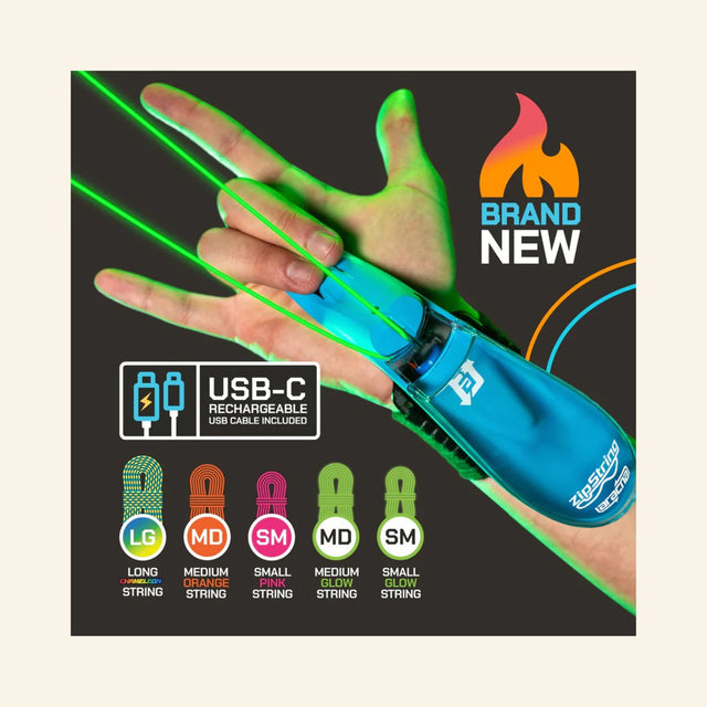 ZipString Aracna blue wrist-mounted web shooter launching a glowing green loop of string, with five included string options shown in different colors and lengths.
