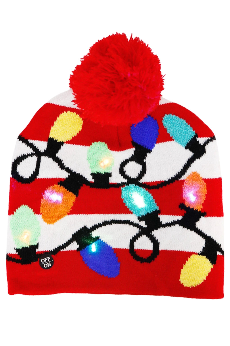 Christmas Festive LED Light-Up Ribbed Short Beanie Asst.