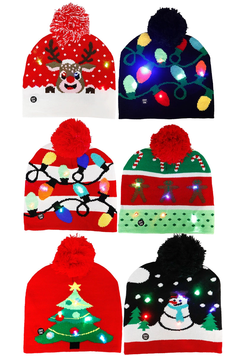 Christmas Festive LED Light-Up Ribbed Short Beanie Asst.