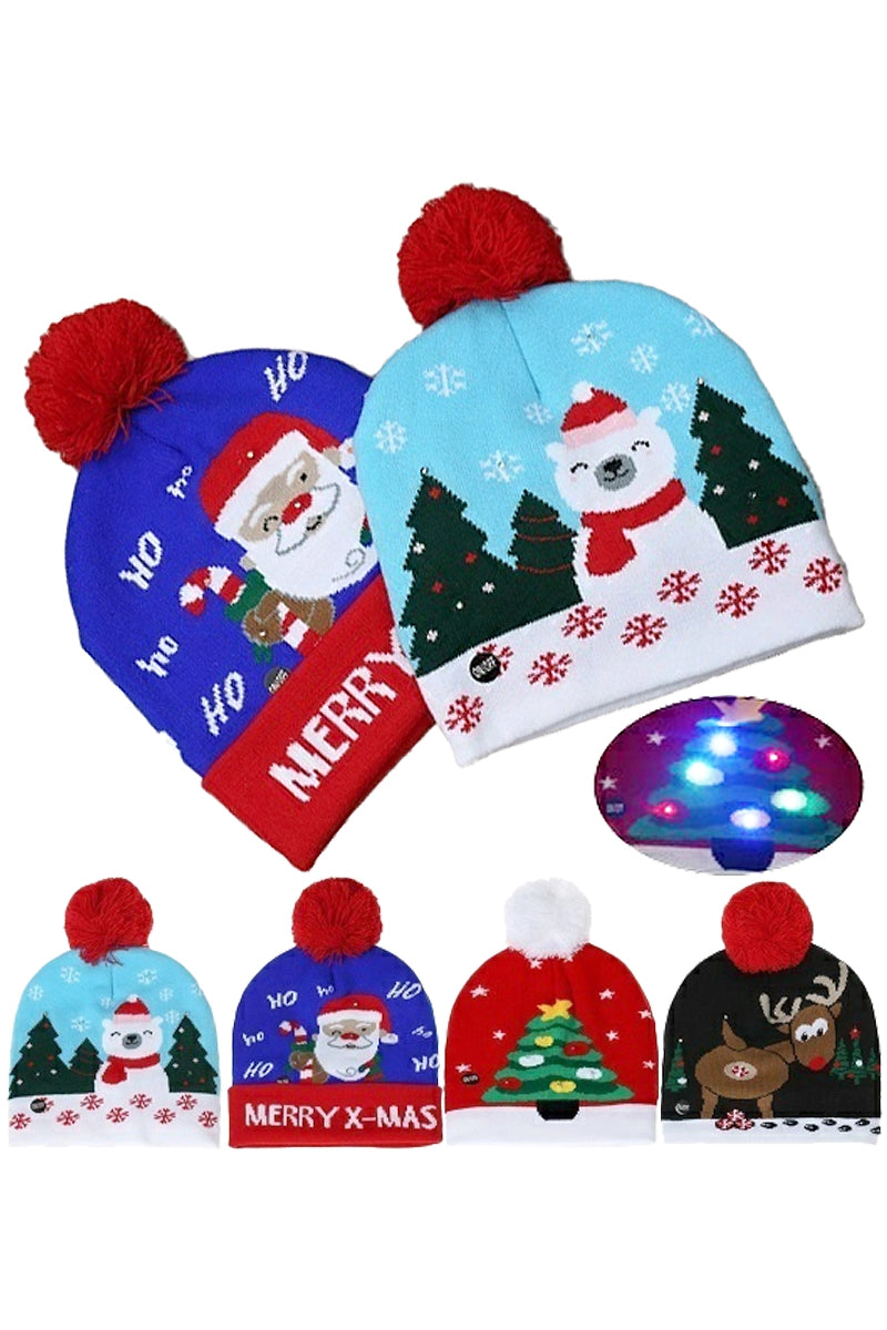 Christmas LED Light-Up Single Pom Short Beanie Asst.