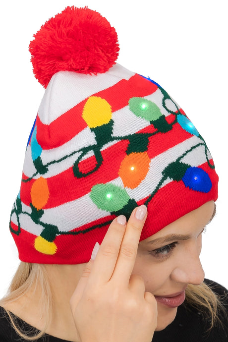 Christmas Festive LED Light-Up Ribbed Short Beanie Asst.