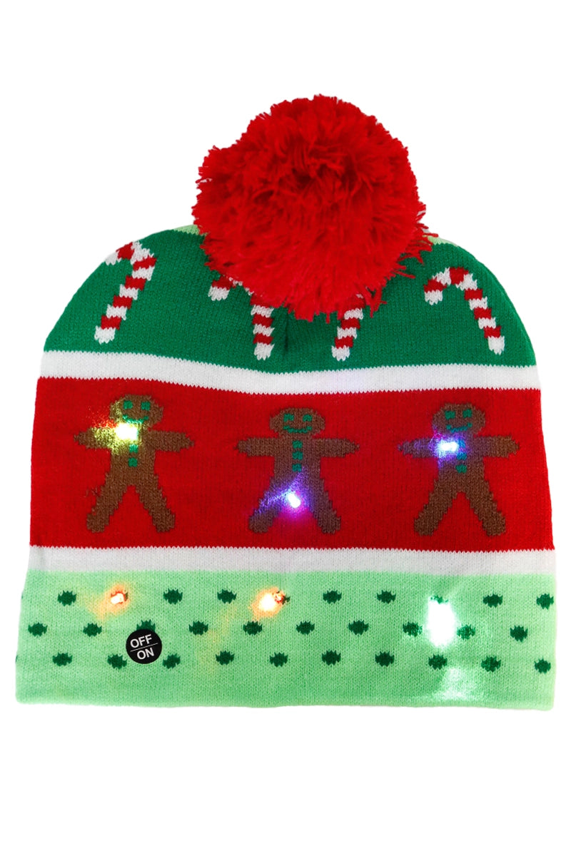 Christmas Festive LED Light-Up Ribbed Short Beanie Asst.