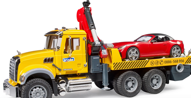 MACK Granite Tow Truck w Bruder Roadster