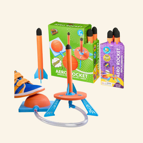 Aero Rocket air-powered rocket launcher with foam rocket, stomp launch pad, and launcher base for outdoor play.
