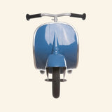 Front view of the AMBOSSTOYS PRIMO ride-on toy scooter in blue with chrome trim and black handlebars.