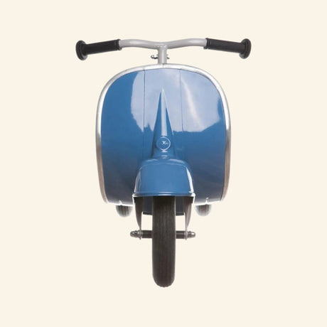 Front view of the AMBOSSTOYS PRIMO ride-on toy scooter in blue with chrome trim and black handlebars.