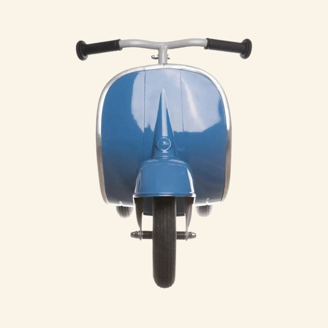 Front view of the AMBOSSTOYS PRIMO ride-on toy scooter in blue with chrome trim and black handlebars.