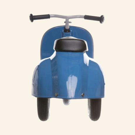 Rear view of the AMBOSSTOYS PRIMO ride-on toy scooter in blue with a black seat.