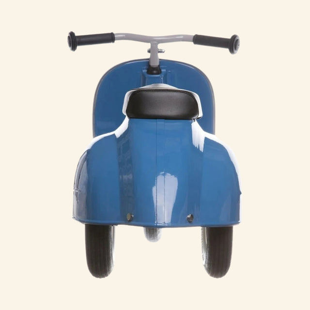 Rear view of the AMBOSSTOYS PRIMO ride-on toy scooter in blue with a black seat.
